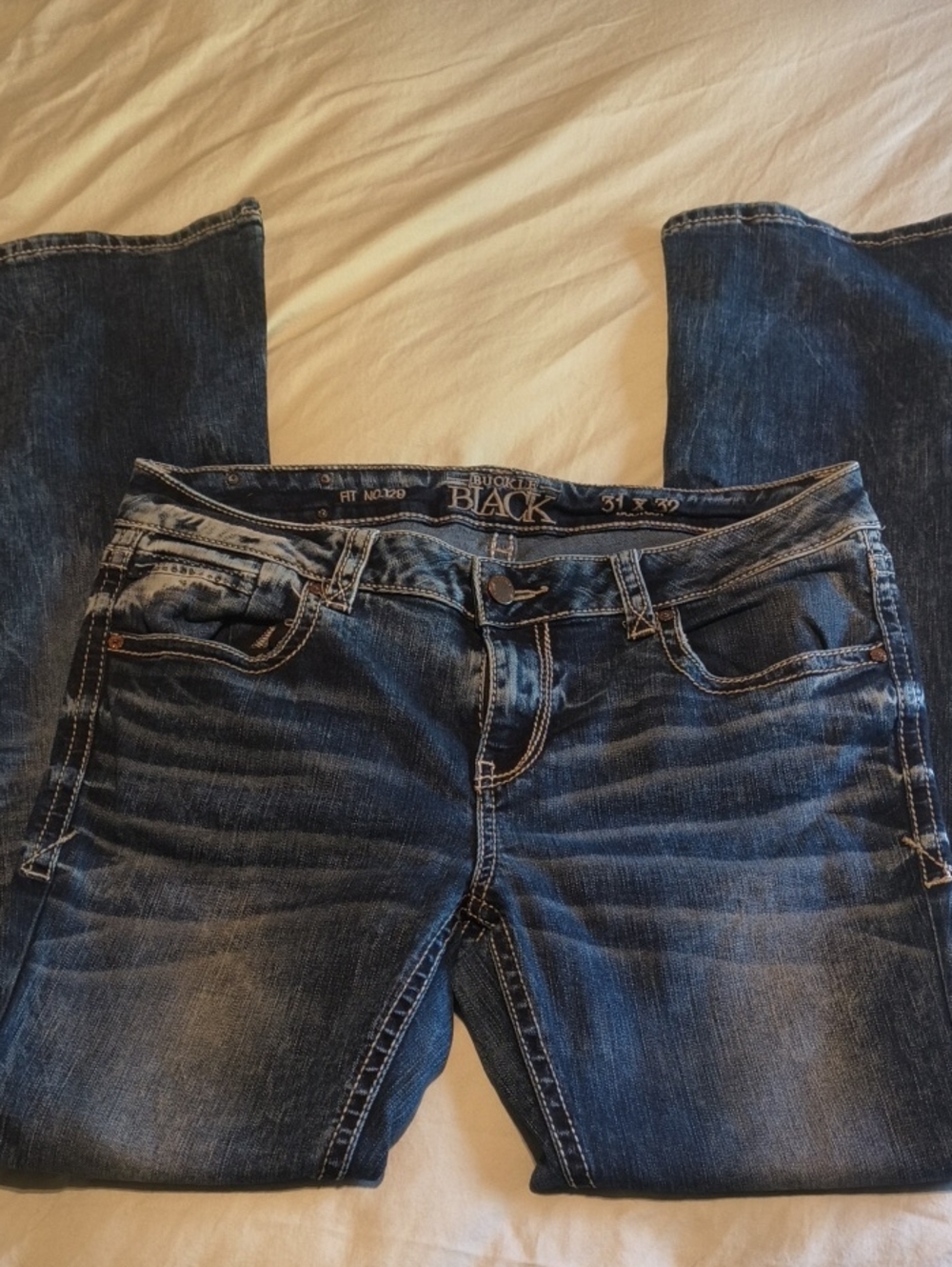 Buckle Black Bootcut Jeans in Distressed Dark Blue